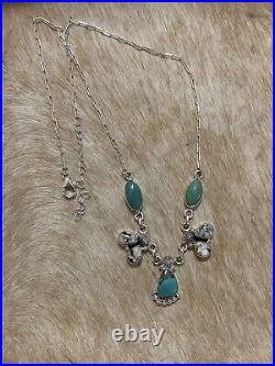 Native Southwest Sterling SilverWhite Buffalo Green Turquoise Cluster Necklace