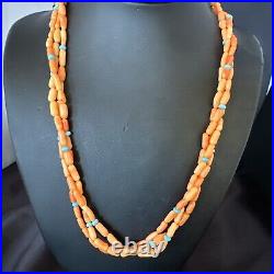 Native Turquoise Orange Coral Sterling Silver 3 Strand Necklace 21 17818