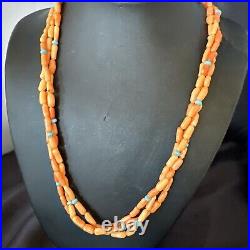 Native Turquoise Orange Coral Sterling Silver 3 Strand Necklace 21 17818