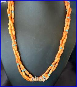 Native Turquoise Orange Coral Sterling Silver 3 Strand Necklace 21 17818