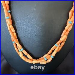 Native Turquoise Orange Coral Sterling Silver 3 Strand Necklace 21 17818