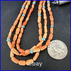 Native Turquoise Orange Coral Sterling Silver 3 Strand Necklace 21 17818