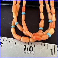 Native Turquoise Orange Coral Sterling Silver 3 Strand Necklace 21 17818