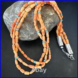 Native Turquoise Orange Coral Sterling Silver 3 Strand Necklace 21 17818