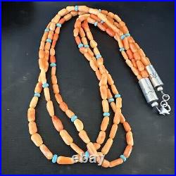 Native Turquoise Orange Coral Sterling Silver 3 Strand Necklace 21 17818