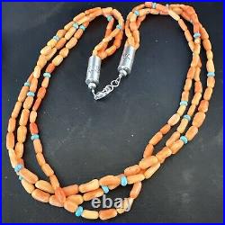 Native Turquoise Orange Coral Sterling Silver 3 Strand Necklace 21 17818