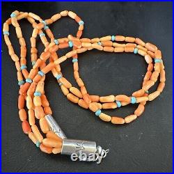 Native Turquoise Orange Coral Sterling Silver 3 Strand Necklace 21 17818