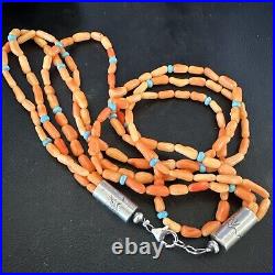 Native Turquoise Orange Coral Sterling Silver 3 Strand Necklace 21 17818