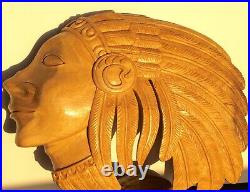 Native american indian head solid wood hand carved wall plaque 17inch x 13inch