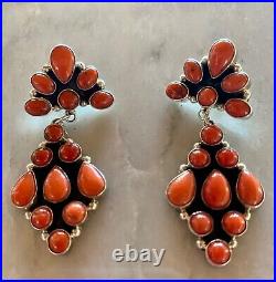 Navajo Coral Sterling Dangle Earrings-Signed