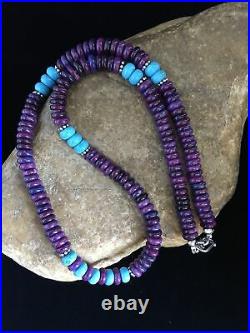 Navajo Indian Purple Sugilite Turquoise Bead Sterling Silver Necklace 21 1727