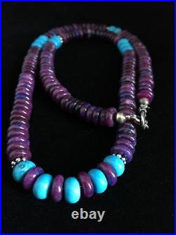 Navajo Indian Purple Sugilite Turquoise Bead Sterling Silver Necklace 21 1727