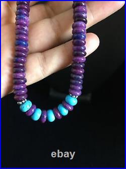 Navajo Indian Purple Sugilite Turquoise Bead Sterling Silver Necklace 21 1727