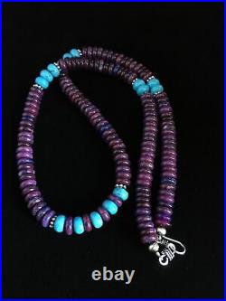 Navajo Indian Purple Sugilite Turquoise Bead Sterling Silver Necklace 21 1727