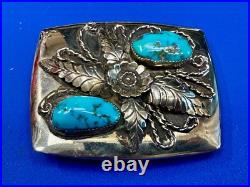 Navajo JR Jerry Roan Native American Indian Art Turquoise & Feather Belt Buckle