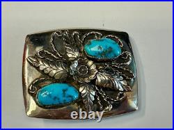 Navajo JR Jerry Roan Native American Indian Art Turquoise & Feather Belt Buckle