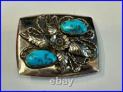 Navajo JR Jerry Roan Native American Indian Art Turquoise & Feather Belt Buckle