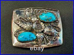 Navajo JR Jerry Roan Native American Indian Art Turquoise & Feather Belt Buckle