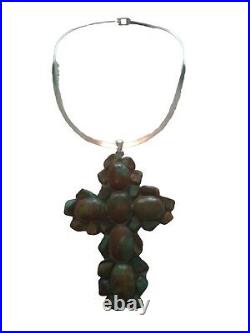 Navajo Native Amer Inspired Sterling Turquoise 5 1/2 Cross Pendant Necklace