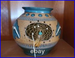 Navajo Pottery Bowl Signed Native American Indian Dream Catcher Built In Pot