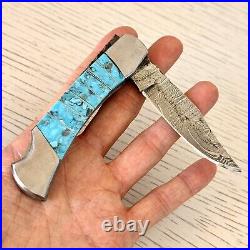 Navajo Turquoise Folding Pocket Knife 3 Damascus Blade Southwest Inlay Handmade