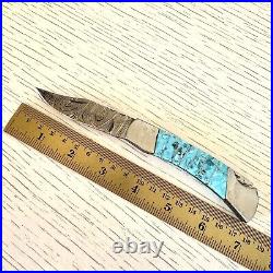 Navajo Turquoise Folding Pocket Knife 3 Damascus Blade Southwest Inlay Handmade