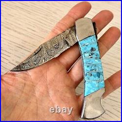 Navajo Turquoise Folding Pocket Knife 3 Damascus Blade Southwest Inlay Handmade