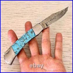 Navajo Turquoise Folding Pocket Knife 3 Damascus Blade Southwest Inlay Handmade