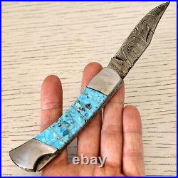 Navajo Turquoise Folding Pocket Knife 3 Damascus Blade Southwest Inlay Handmade