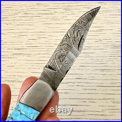 Navajo Turquoise Folding Pocket Knife 3 Damascus Blade Southwest Inlay Handmade