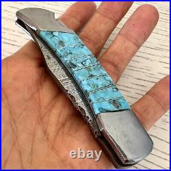 Navajo Turquoise Folding Pocket Knife 3 Damascus Blade Southwest Inlay Handmade