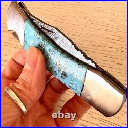 Navajo Turquoise Folding Pocket Knife 3 Damascus Blade Southwest Inlay Handmade