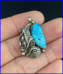 Navajo VTG Native American Sterling Silver Turquoise Leaf Design Pendant Signed