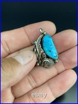 Navajo VTG Native American Sterling Silver Turquoise Leaf Design Pendant Signed