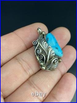 Navajo VTG Native American Sterling Silver Turquoise Leaf Design Pendant Signed