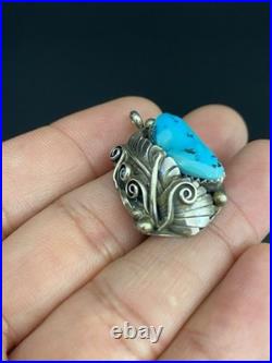 Navajo VTG Native American Sterling Silver Turquoise Leaf Design Pendant Signed