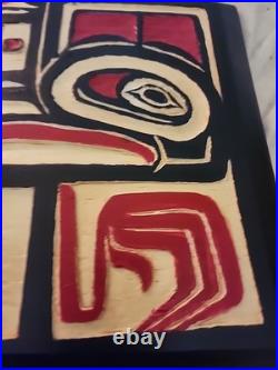 Northwest Coast Indigenous Hand Carved Burial Box Panel On Cedar Plank
