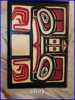 Northwest Coast Indigenous Hand Carved Burial Box Panel On Cedar Plank