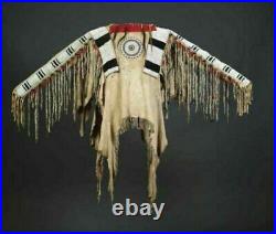 Old American Handmade Beige Buckskin Suede Beaded Powwow Regalia War Shirt N4