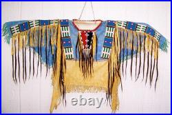 Old American Handmade Beige Buckskin Suede Beaded Powwow Regalia War Shirt NS95