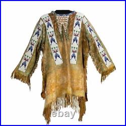 Old American Style Handmade Dakota Beaded Buckskin Hide Powwow War Shirt PWP121