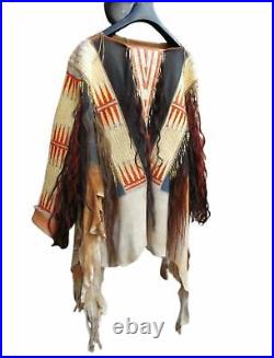 Old American Style Handmade Dakota Beaded Buckskin Hide Powwow War Shirt PWP128