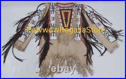 Old American Style Handmade Dakota Beaded Buckskin Hide Powwow War Shirt PWP830