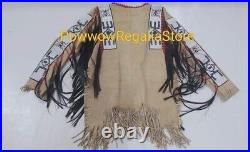 Old American Style Handmade Dakota Beaded Buckskin Hide Powwow War Shirt PWP830
