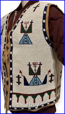 Old American Style Handmade Lakota Design Medium Beaded Front Powwow War Vest