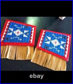 Old American Style Handmade Sioux Beaded Cuffs Leather Fringes FHC11