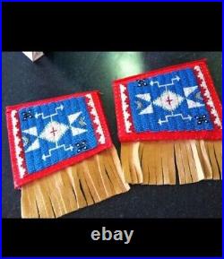 Old American Style Handmade Sioux Beaded Cuffs Leather Fringes FHC11