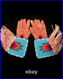 Old American Style Handmade Sioux Beaded Leather Gauntlet Gloves GV99