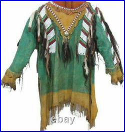 Old Style Native American Buffalo Beaded Fringes Powwow Regalia War Shirt NLS5