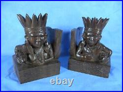 PA Native American Indian Wood Carving Sculptures Bookends Vintage